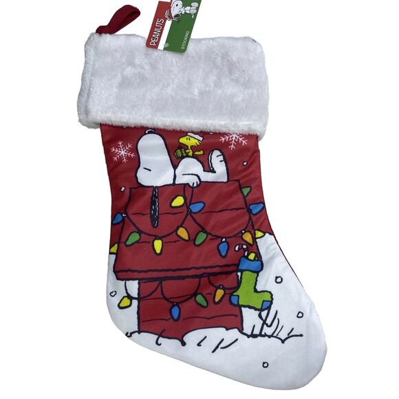 Lot 2 NEW PEANUTS CHRISTMAS STOCKING SNOOPY WOODSTOCK DOG HOUSE RED 15" FAUX FUR - Picture 2 of 6